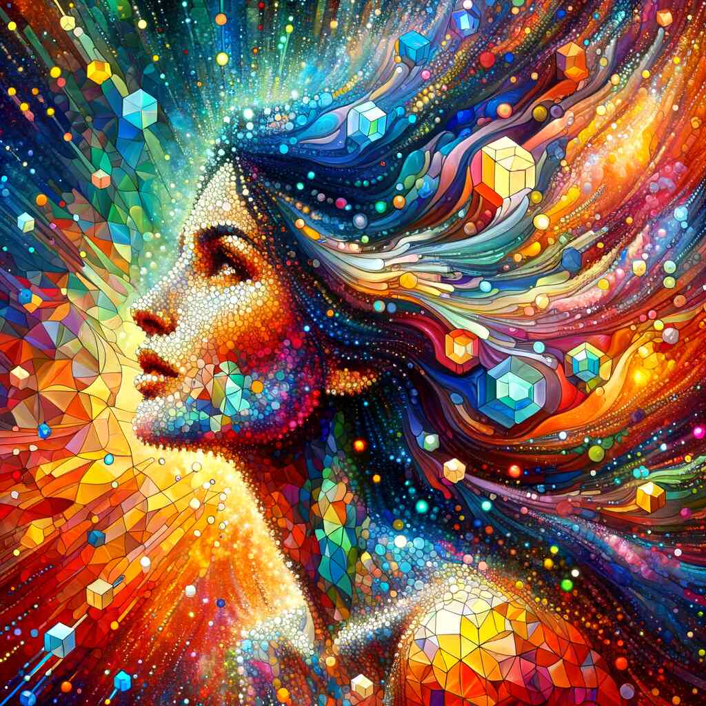 Futuristic woman with vibrant colors in AB Diamond Painting, featuring geometric and organic shapes for a kaleidoscopic vision.