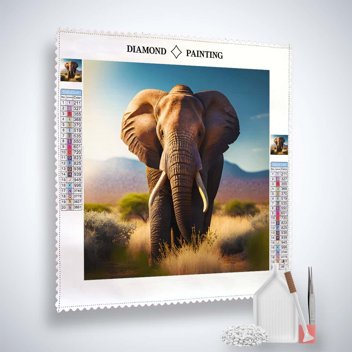 Diamond Painting Kit - Großer Elefant Frontal with canvas, acrylic diamonds, artist tweezers, and setting tools.