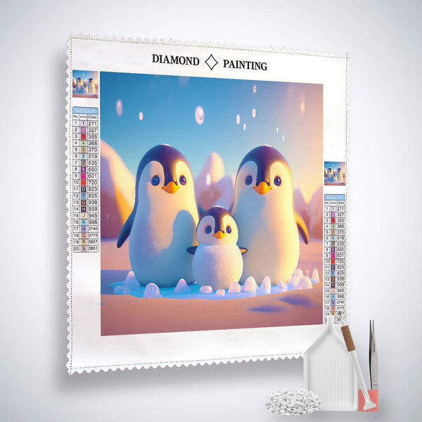 Diamond Painting Kit - Pinguinfamilie, inkl. Leinwand, Acryl Diamonds, Pinzette und Profi Setzstift für funkelnde Kunstwerke.