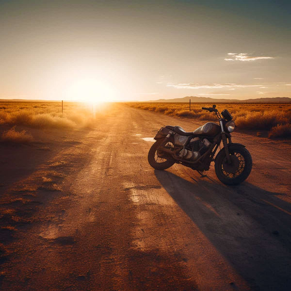 Motorcycle on a deserted road during sunset, creating a scenic and adventurous atmosphere