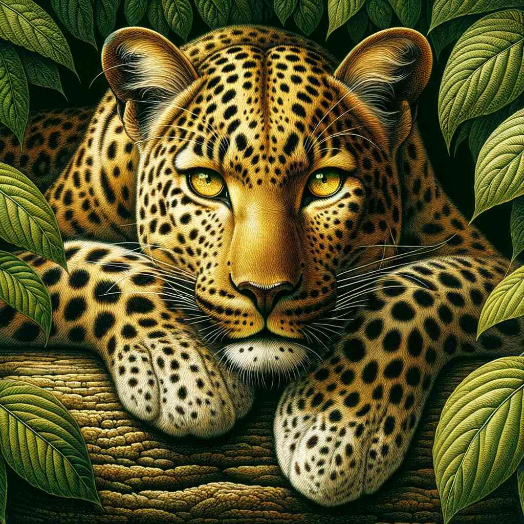 Diamond painting of a leopard resting among lush green leaves with vibrant golden eyes and realistic fur tones in gold and ocher.