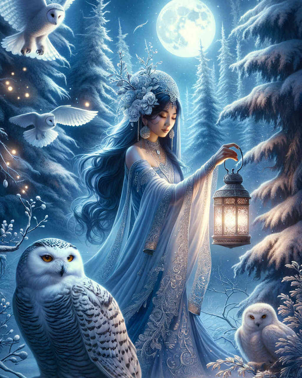 Malen nach Zahlen - Frau mit Laterne Schneeeule