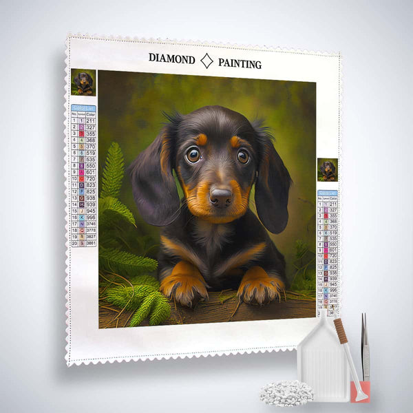 Diamond Painting Kit - Dackelblick with a cute Dachshund image, acrylic diamonds, tweezers, and professional tools for sparkling art.