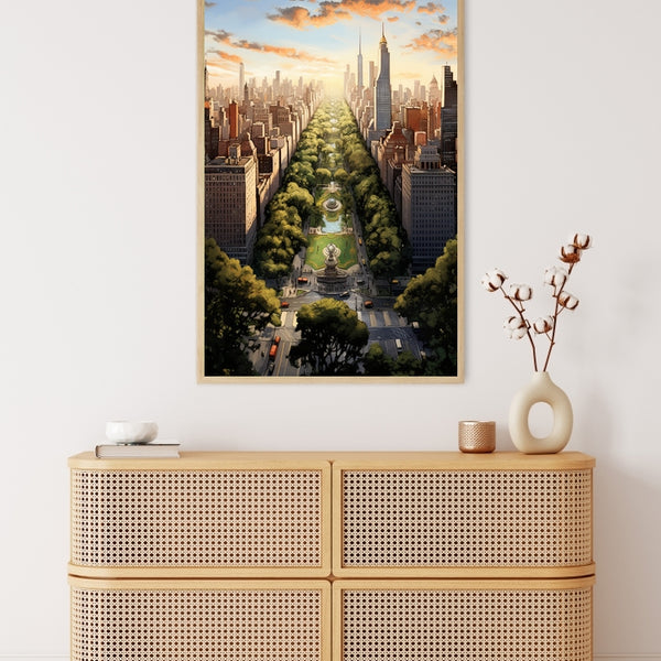 "Framed NY Cityscape painting in a bright modern room above a rattan chest of drawers"