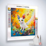 Diamond Painting Himmelsherrscher Kit with canvas, acrylic diamonds, fine artists' tweezers, and professional setting tools.