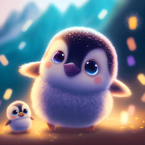 Malen nach Zahlen - Friedlicher Pinguin mit Kind in malerischer Landschaft, entspannende Wirkung von Ausmalen