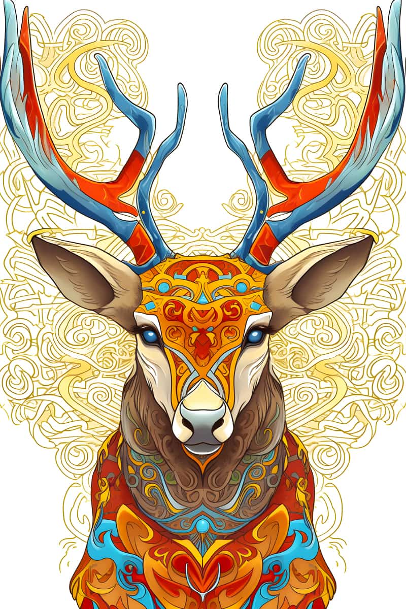 Diamond painting kit with vibrant vector Hirsch design featuring intricate patterns, colorful antlers, and detailed artwork.