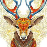 Diamond painting kit with vibrant vector Hirsch design featuring intricate patterns, colorful antlers, and detailed artwork.