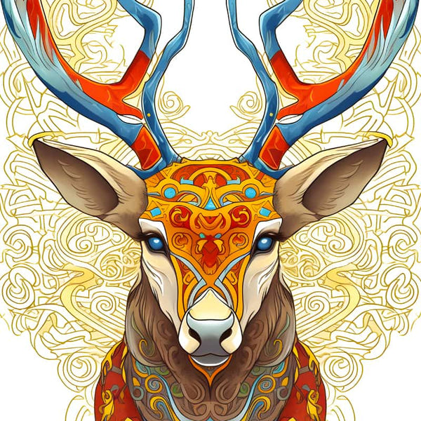 Diamond painting kit with vibrant vector Hirsch design featuring intricate patterns, colorful antlers, and detailed artwork.