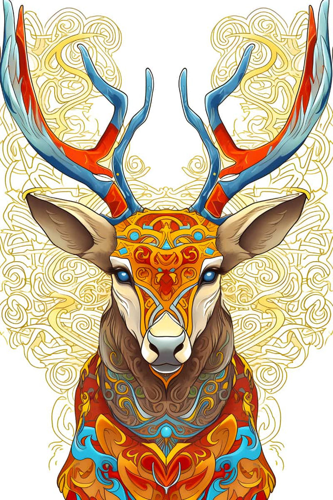 Diamond painting kit with vibrant vector Hirsch design featuring intricate patterns, colorful antlers, and detailed artwork.