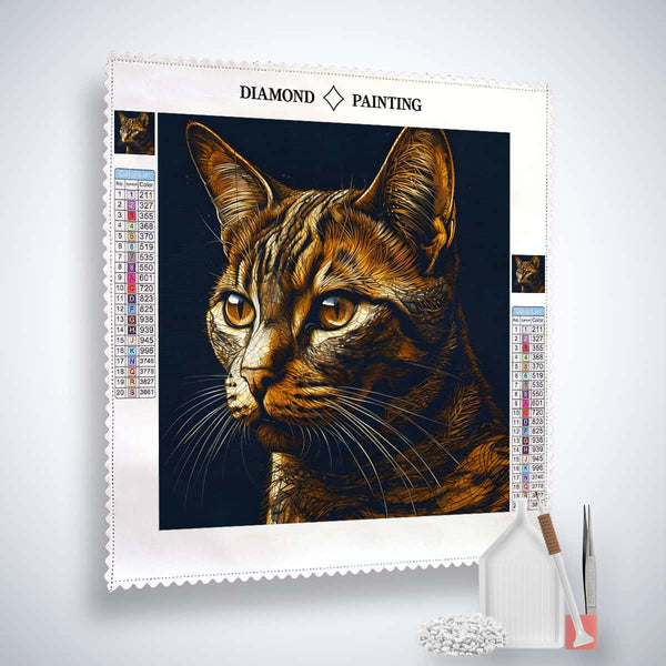 Diamond Painting Kit featuring a beautiful cat design with included acrylic diamonds, professional canvas, artist tweezers, and setting tools.