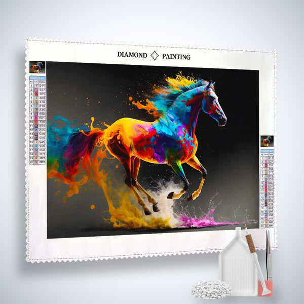 Farbenfrohes Pferd Diamond Painting Kit mit Profi-Leinwand, Acryl Diamonds, Künstler-Pinzette und Setzstift.