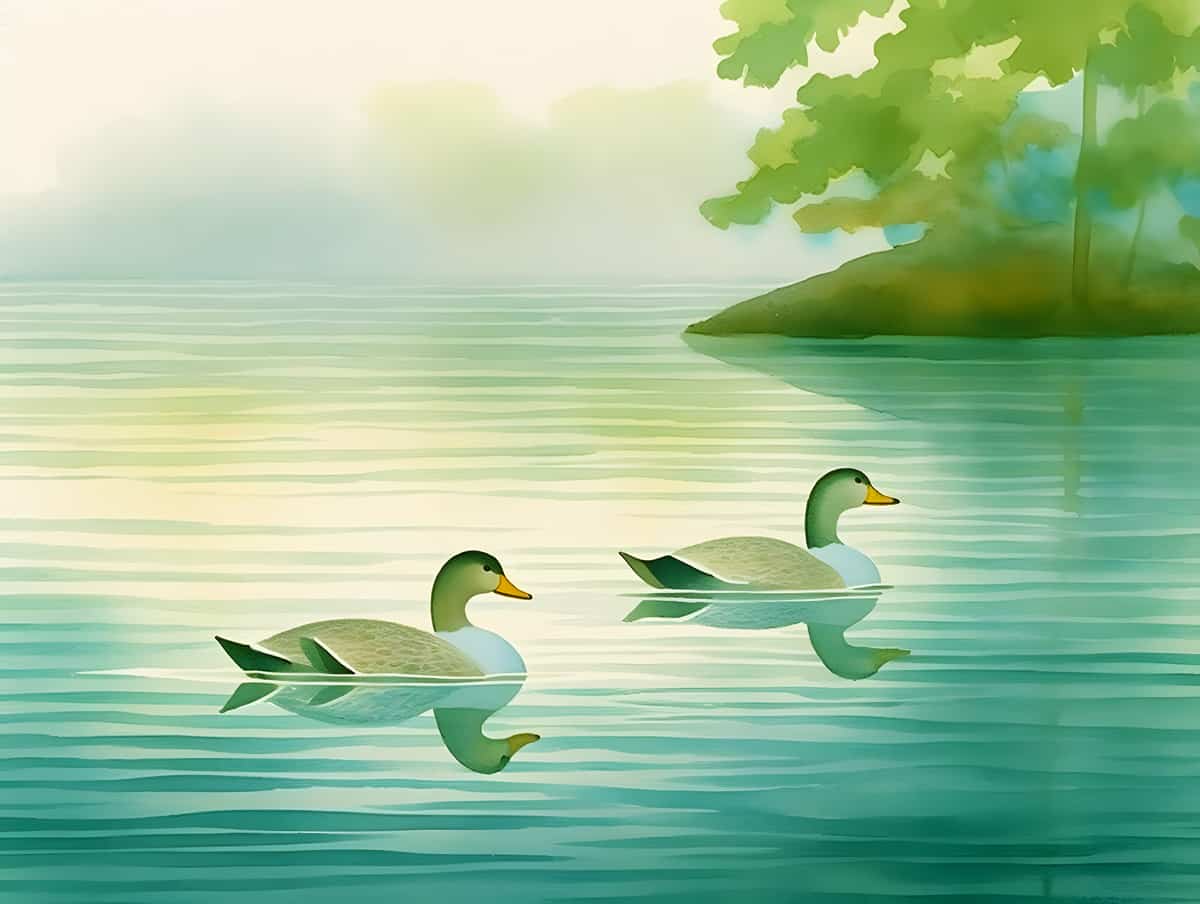 Diamond Painting - Entensee Motiv mit zwei Enten auf einem ruhigen See, umgeben von grüner Natur, ideal für kreative Kunstprojekte.
