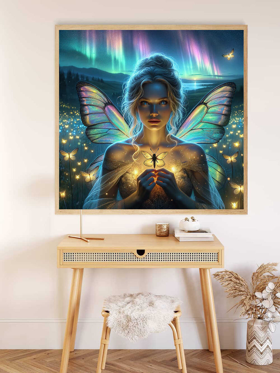 Painting of a night fairy with glowing wings and fireflies, set against a magical forest and aurora borealis background.
