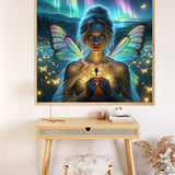 Painting of a night fairy with glowing wings and fireflies, set against a magical forest and aurora borealis background.