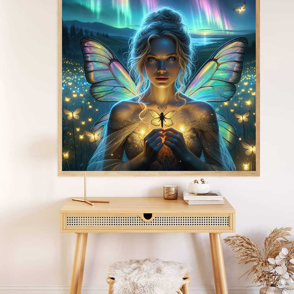 Painting of a night fairy with glowing wings and fireflies, set against a magical forest and aurora borealis background.