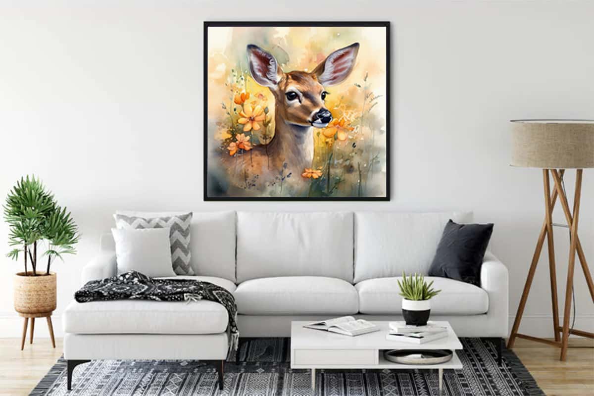 Beautiful deer painting displayed on a modern living room wall, part of the "Malen nach Zahlen" series.