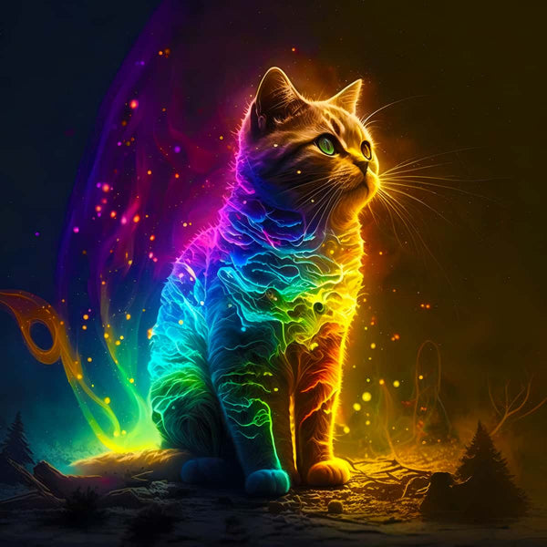 Neon Katze im Weltall Diamond Painting – Funkelndes Katzenmotiv mit leuchtenden Farben im All – Diamond Painting Kits – Kunst zum Leben erweckt.