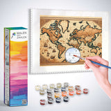 Malen nach Zahlen - Vergangene Welten Kunstset, detaillierte Weltkarte in Sepiatönen mit Malutensilien und Farbbehältern