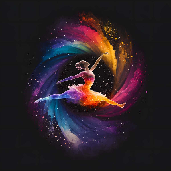 Breathtaking AB Diamond Painting Kreistanz showcasing a dancer in a colorful swirl, featuring premium canvas, acrylic diamonds, and artist tools.