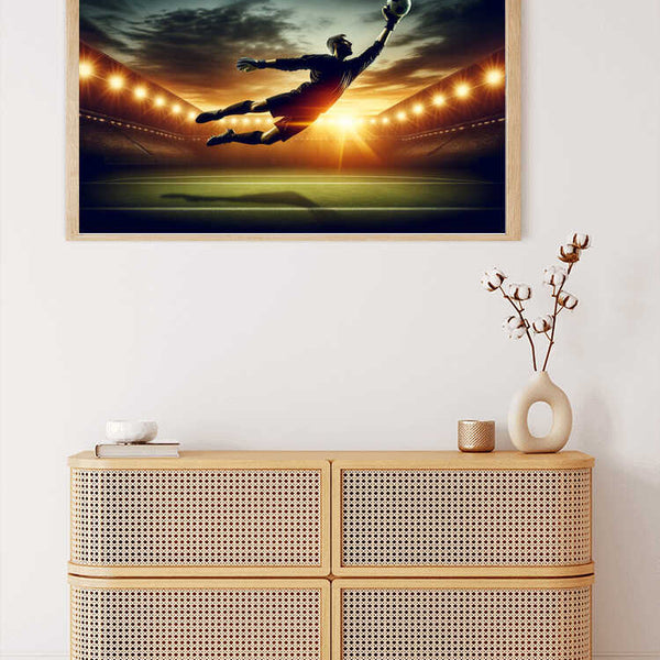Malen nach Zahlen - Triumph im Sonnenuntergang: Dynamisches Fußballkunstwerk eines Torwarts, der im Sonnenuntergang einen Ball abwehrt