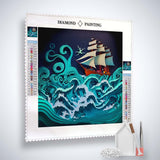 Diamond Painting Kit - Raue See Paperart Türkis mit Segelschiff und Meereswellen, inklusive Profi-Leinwand, Acryl Diamonds, Pinzette und Setzstift