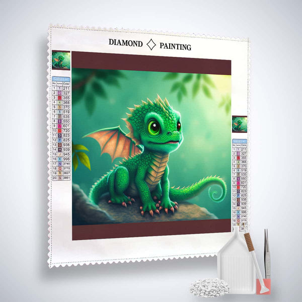 Diamond Painting Kit - Grüner Drache design with canvas, acrylic diamonds, tweezers, and setzstift for DIY sparkling art
