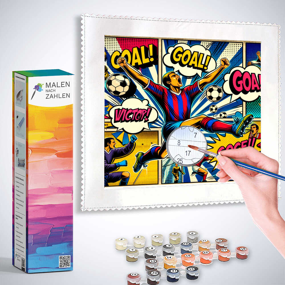 Painting by Numbers kit "Triumph des Tores" showing a soccer player scoring a goal with paint and brush included