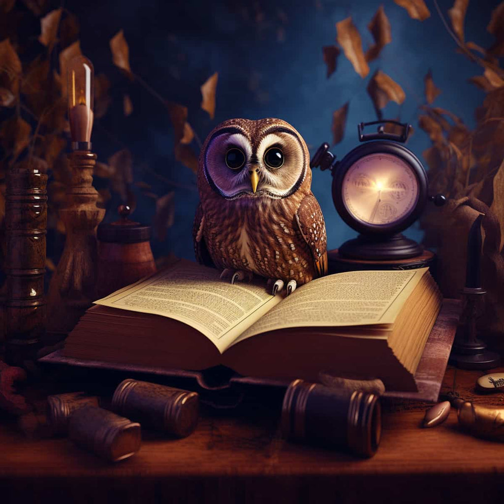 Diamond painting of an owl with a book and clock in a mystical, candle-lit setting