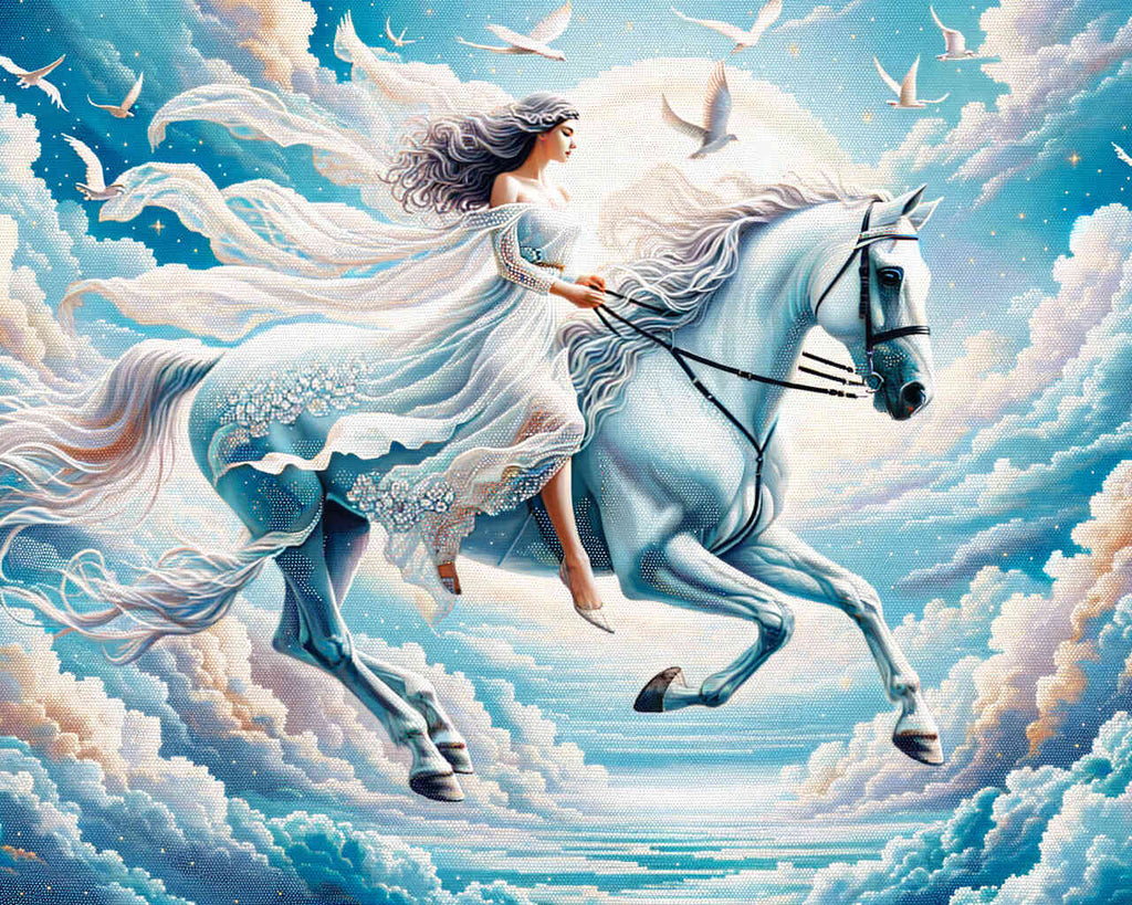 Frau auf weißem Pferd – Malen nach Zahlen