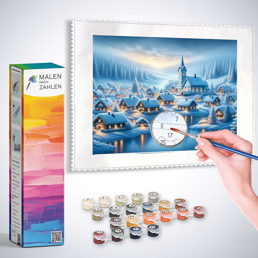 Malen nach Zahlen - Dorf im Winter verschneit