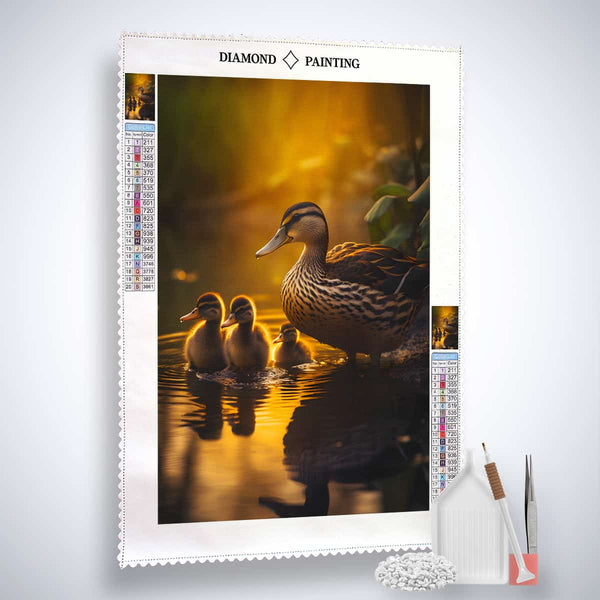Diamond Painting Kit Enten goldene Stunde - Duck Family at Golden Hour with Tools and Canvas
