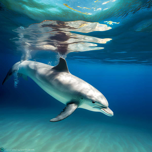 Dolphin swimming underwater in a clear blue ocean