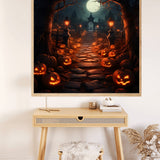 Halloween painting by numbers kit featuring a spooky path lined with glowing jack-o-lanterns and lanterns under a full moon.