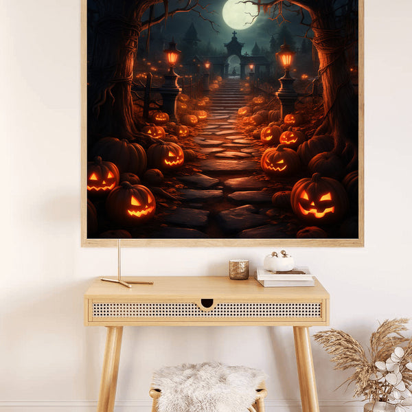 Halloween painting by numbers kit featuring a spooky path lined with glowing jack-o-lanterns and lanterns under a full moon.