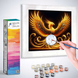 Malen nach Zahlen - Phönix Erwachen Golden set with painting, brush, and numbered paints.