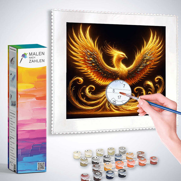 Malen nach Zahlen - Phönix Erwachen Golden set with painting, brush, and numbered paints.