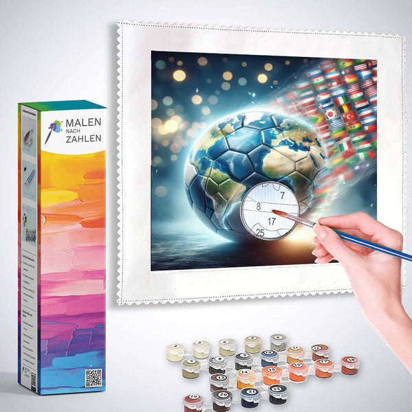 Person painting a world-themed Malen nach Zahlen kit, with paint supplies and colorful box in the background.