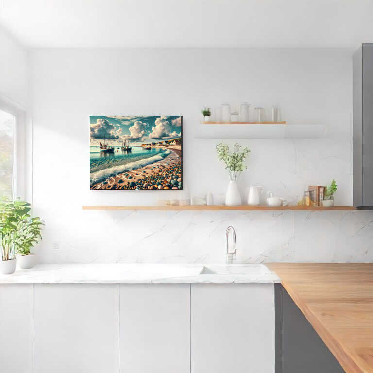Painting of a peaceful fishing village with pastel skies and traditional boats, displayed in a modern kitchen.