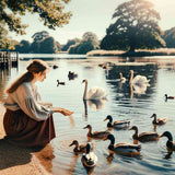 Woman feeding ducks and swans by a serene lakeside at sunset with trees in the background