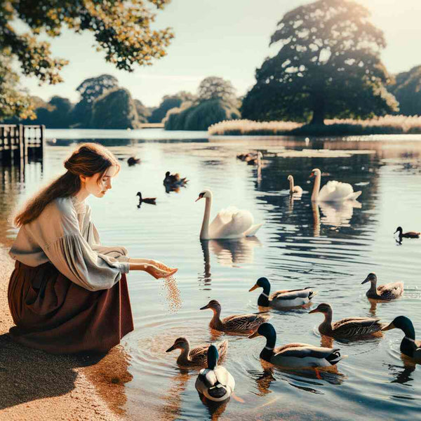 Woman feeding ducks and swans by a serene lakeside at sunset with trees in the background