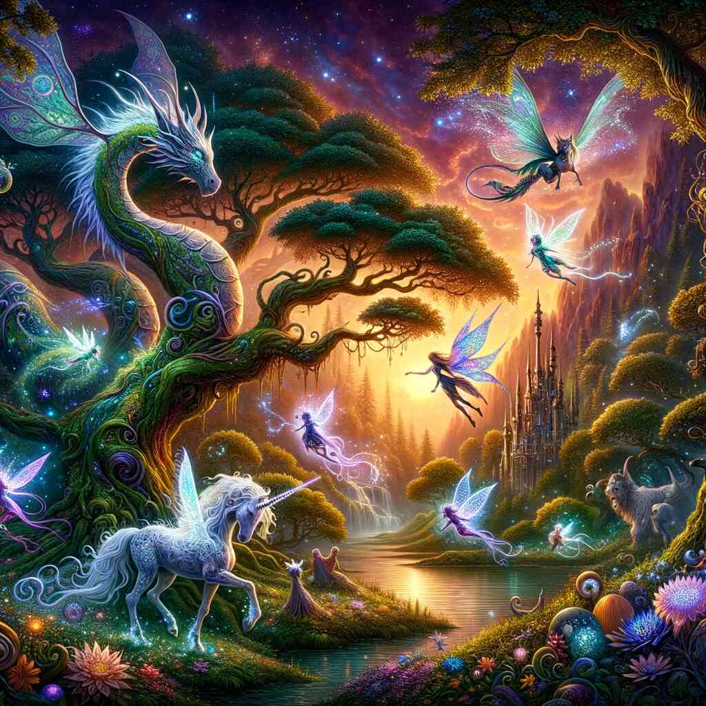 Mystical forest with fairies, unicorns, and a majestic dragon under a vibrant starry sky, illustrating "Malen nach Zahlen - Sternenflüstern im Feenwald"