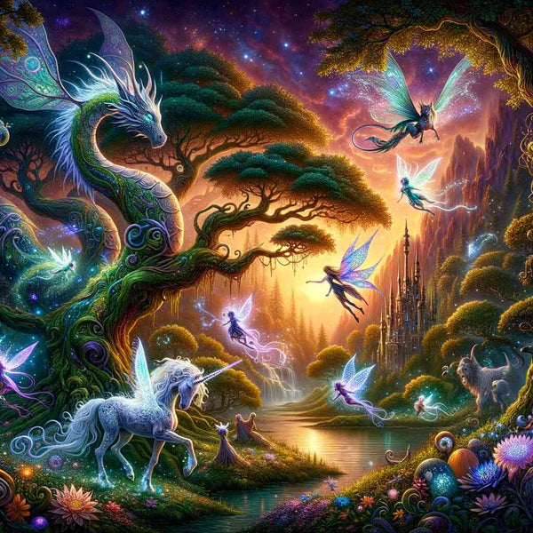 Mystical forest with fairies, unicorns, and a majestic dragon under a vibrant starry sky, illustrating 