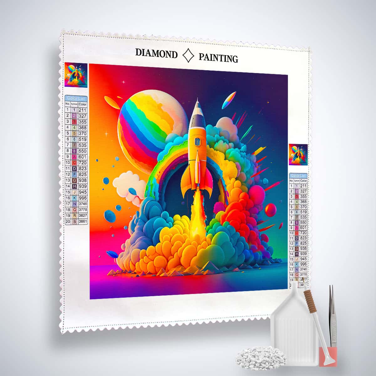 AB Diamond Painting neon rocket launch with vibrant colors and a complete painting kit including canvas, acrylic diamonds, tweezers, and pen