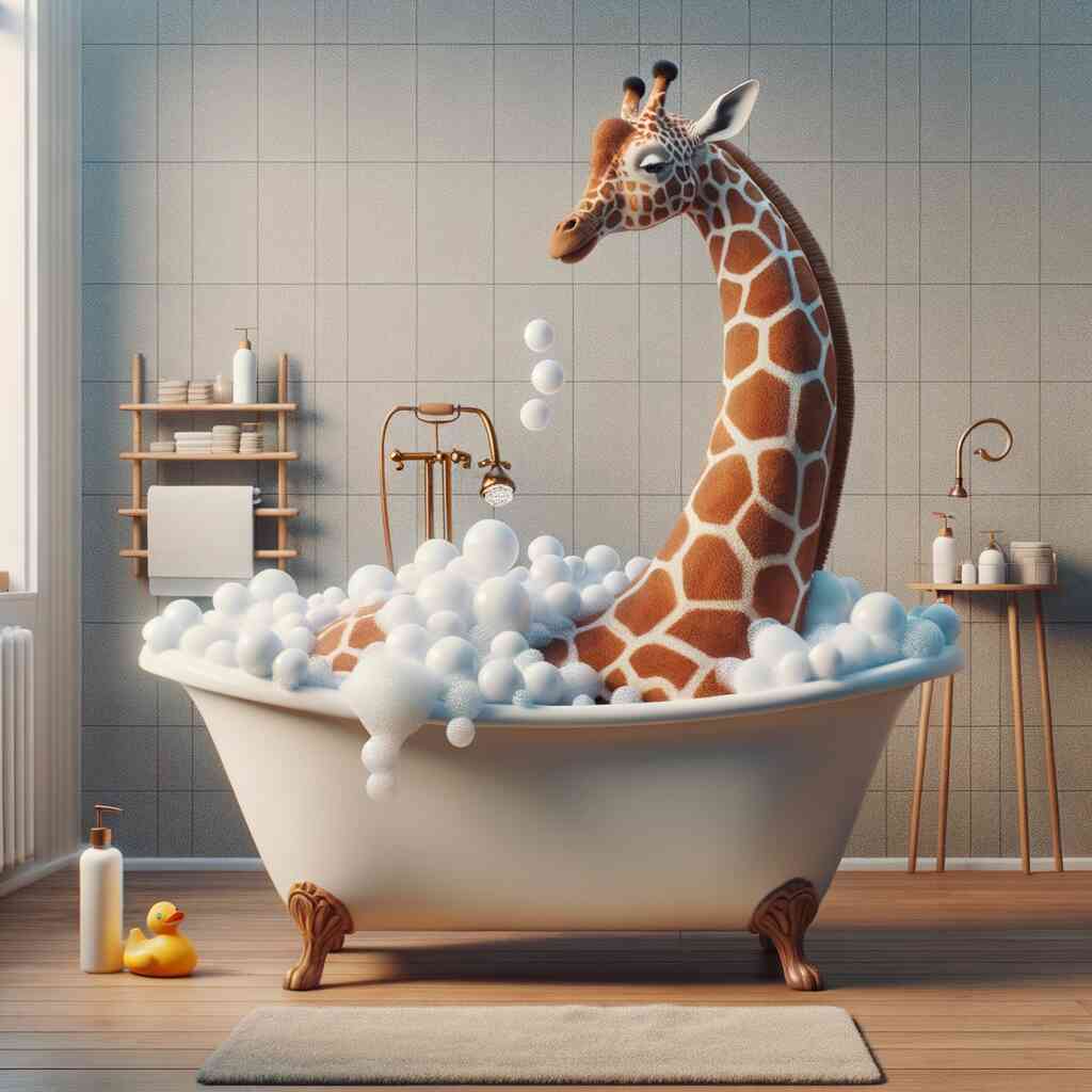 Giraffe enjoying a bubble bath in a bathtub with floating soap bubbles in a stylish bathroom