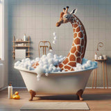 Giraffe enjoying a bubble bath in a bathtub with floating soap bubbles in a stylish bathroom