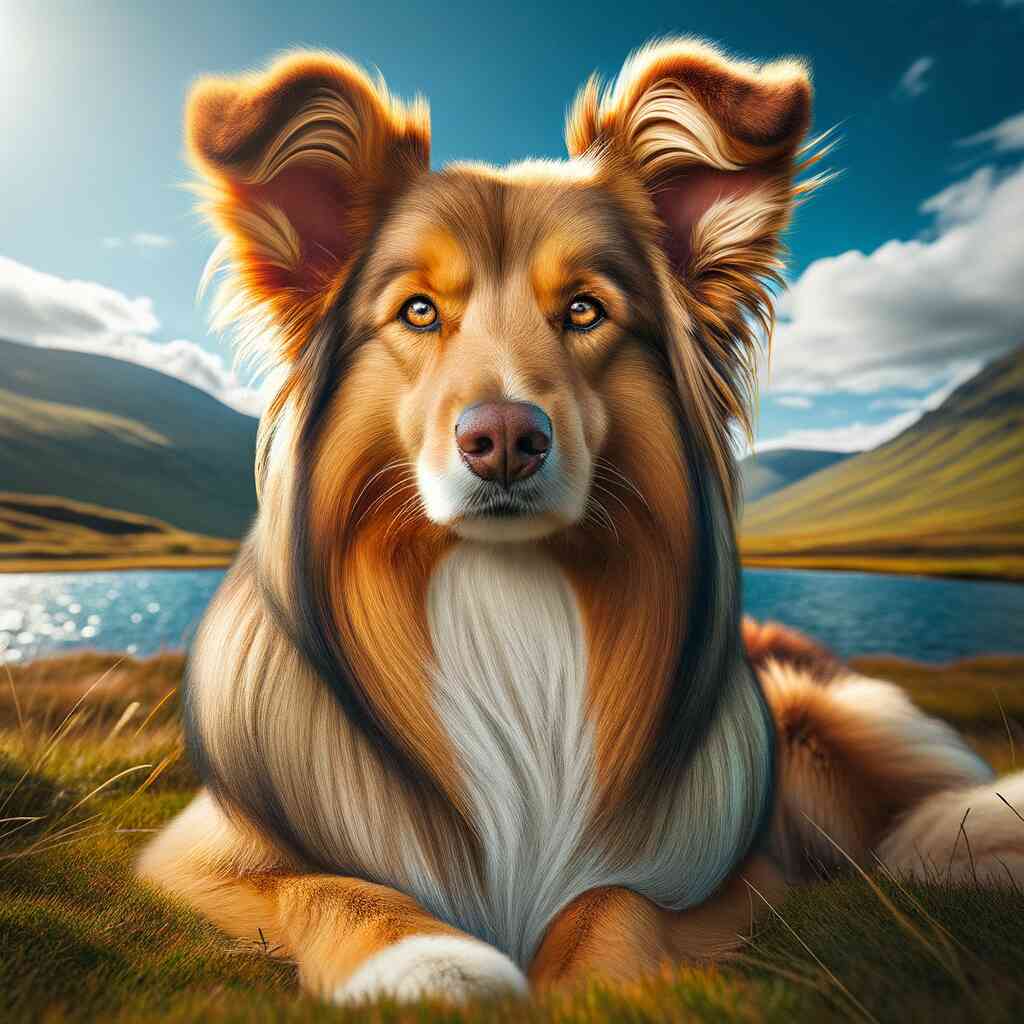 Beautiful Collie dog lying in grass with scenic mountain and lake background.