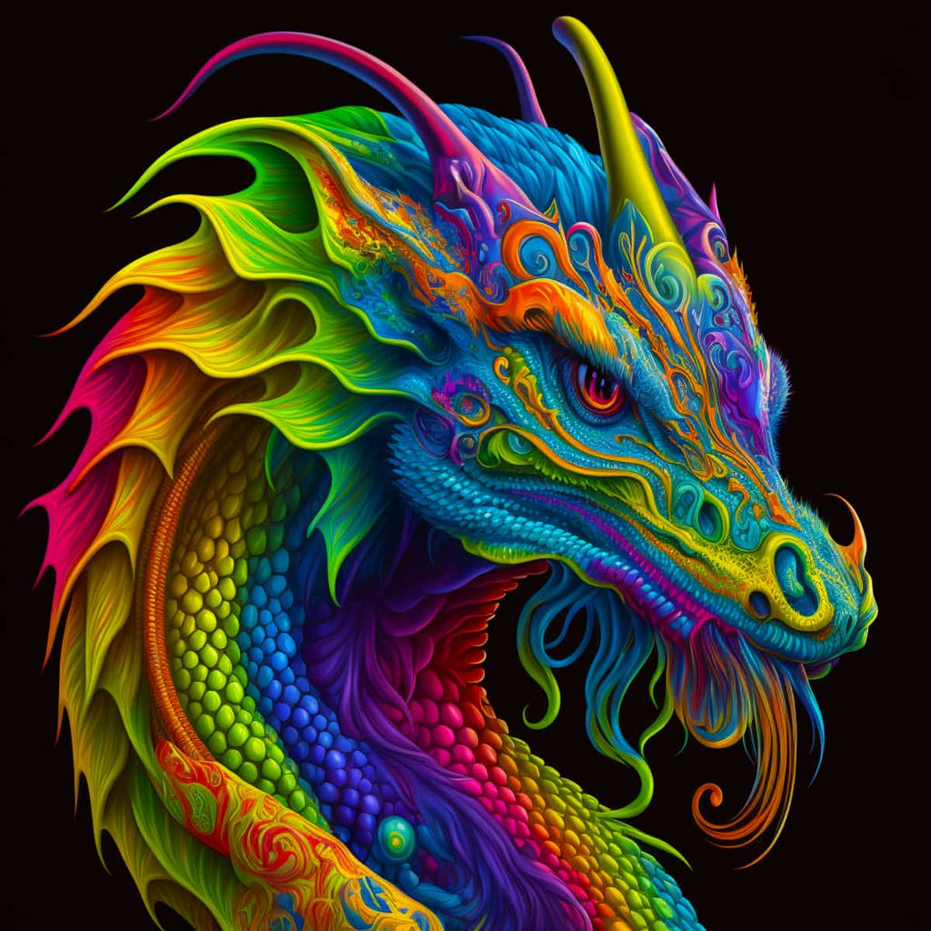 Vibrant and intricate dragon painting in rainbow colors, showcasing detailed scales and mythical allure from the "Malen nach Zahlen - Drachentanz" series.