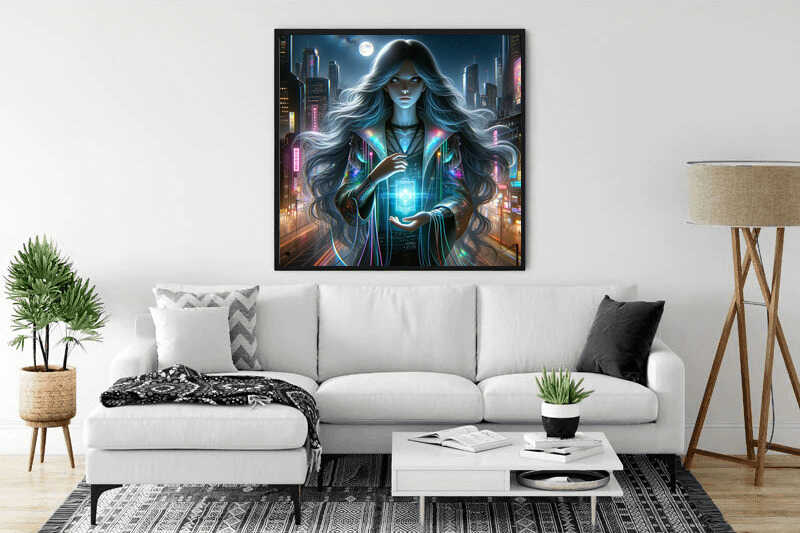 Painting of cyber diva under moonlight in modern living room setting