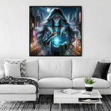 Painting of cyber diva under moonlight in modern living room setting